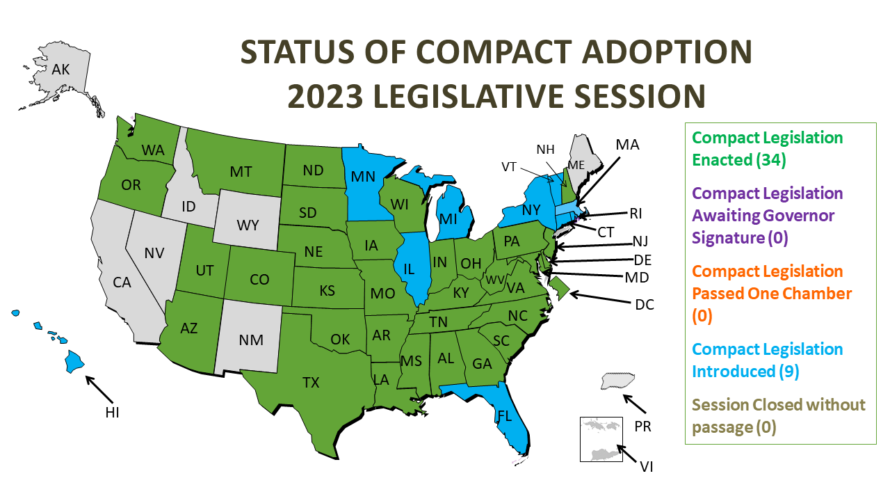 Map of the Status of Compact Adoption in the 2021 Legislative Session. Compact Legislation Enacted (26). Compact legislation awaiting governor signature (0). Compact Legislation passed on chamber (0). Compact legislation introduced (4). Session closed without passage (1).